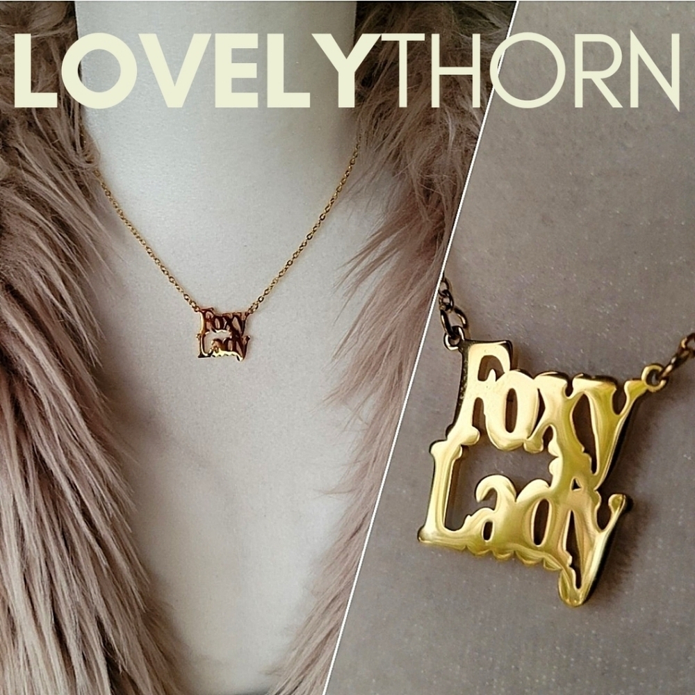 LOVELYTHORN // custom foxy lady 18K gold-plated 16" stainless steel nameplate